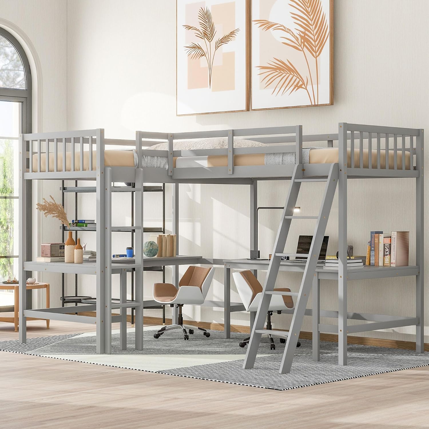 Gray Twin Size L-Shaped Loft Bed with Ladder and 2 Built-in Desks B656
