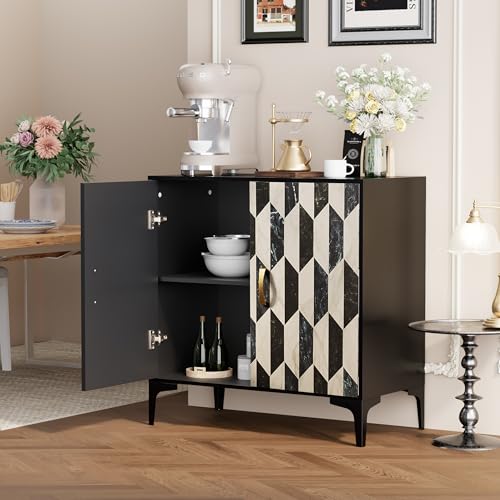 Black 2 Packs Sideboard with 4 Faux Marble Doors and Gold Handles, 27.6 X 15.75 X 31.5 Inches V781