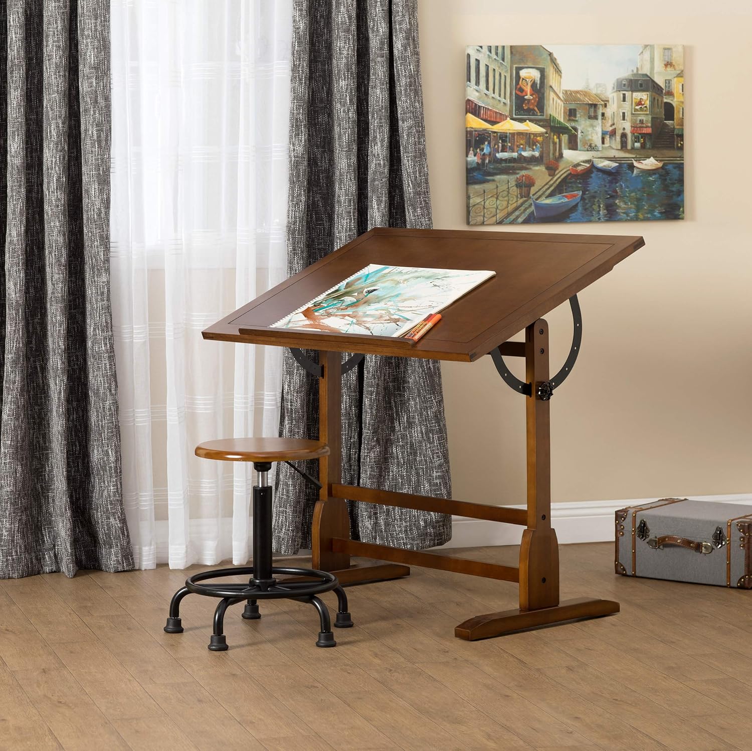 Antique Design Solid Wood Drafting Table with Adjustable Work Surface K20711