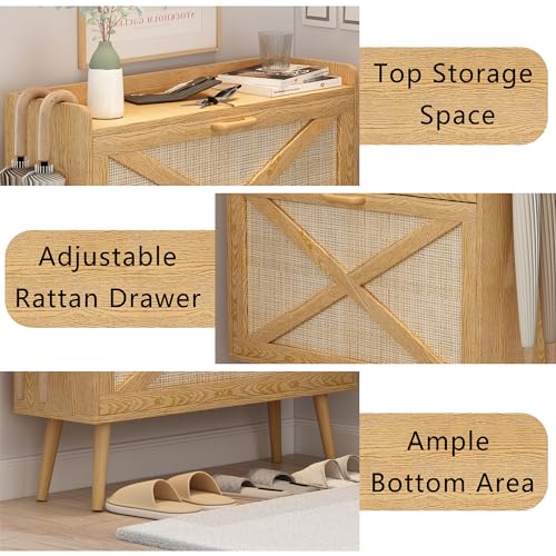 Natural Freestanding Rattan Shoe Cabinet with 2 Flip Drawers P119427