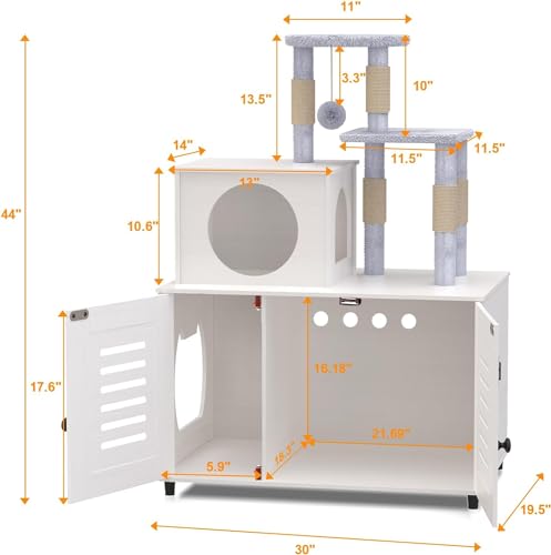 White All-in-one Cat Cabinet with Litter Box Enclosure, Scratching Post, Plush Perch and Divider M6423