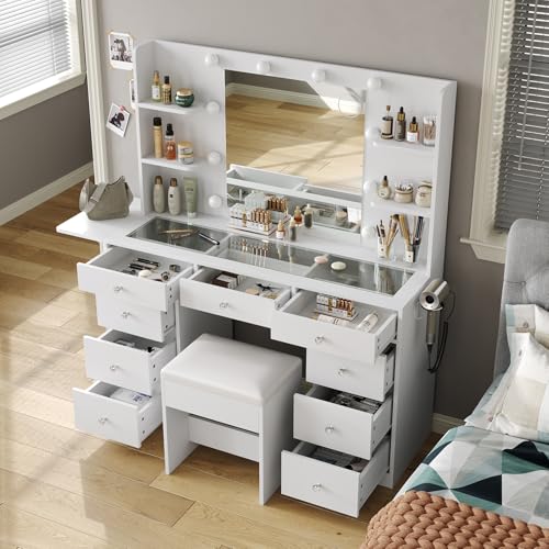 White Vanity Desk with Mirror and 10 LED Lights, 4 Shelves D428034