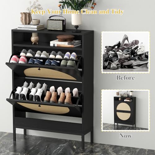 Black Rattan Shoe Cabinet with 2 Flip Drawers K5641