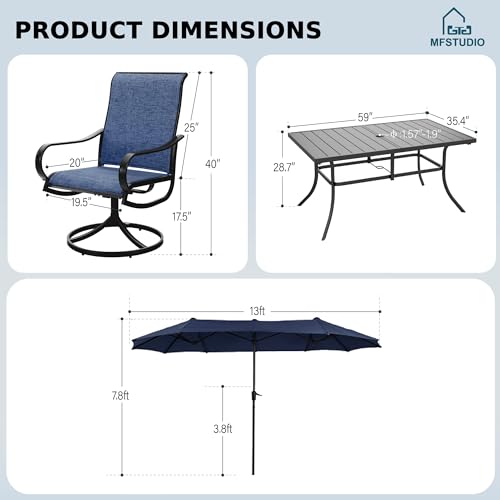 8 Piece Patio Dining Set with 6 Grey Sling Swivel Chairs, 1 Rectangular Metal Table and 1×13 FT Beige Outdoor Umbrella X773