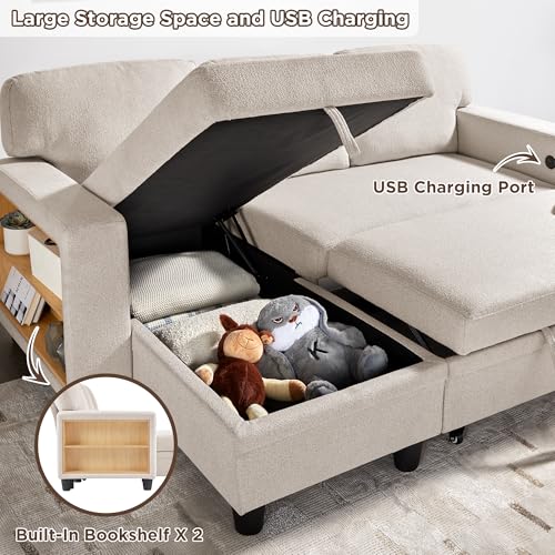 Beige L-Shaped Sleeper Sectional Couch with Storage Chaise J422