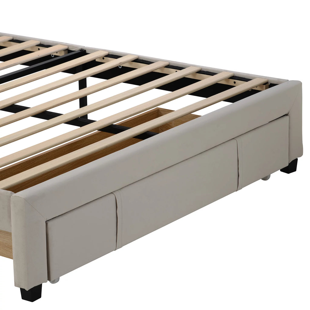 Beige Queen Size Velvet Upholstered Platform Bed with Drawer N4226