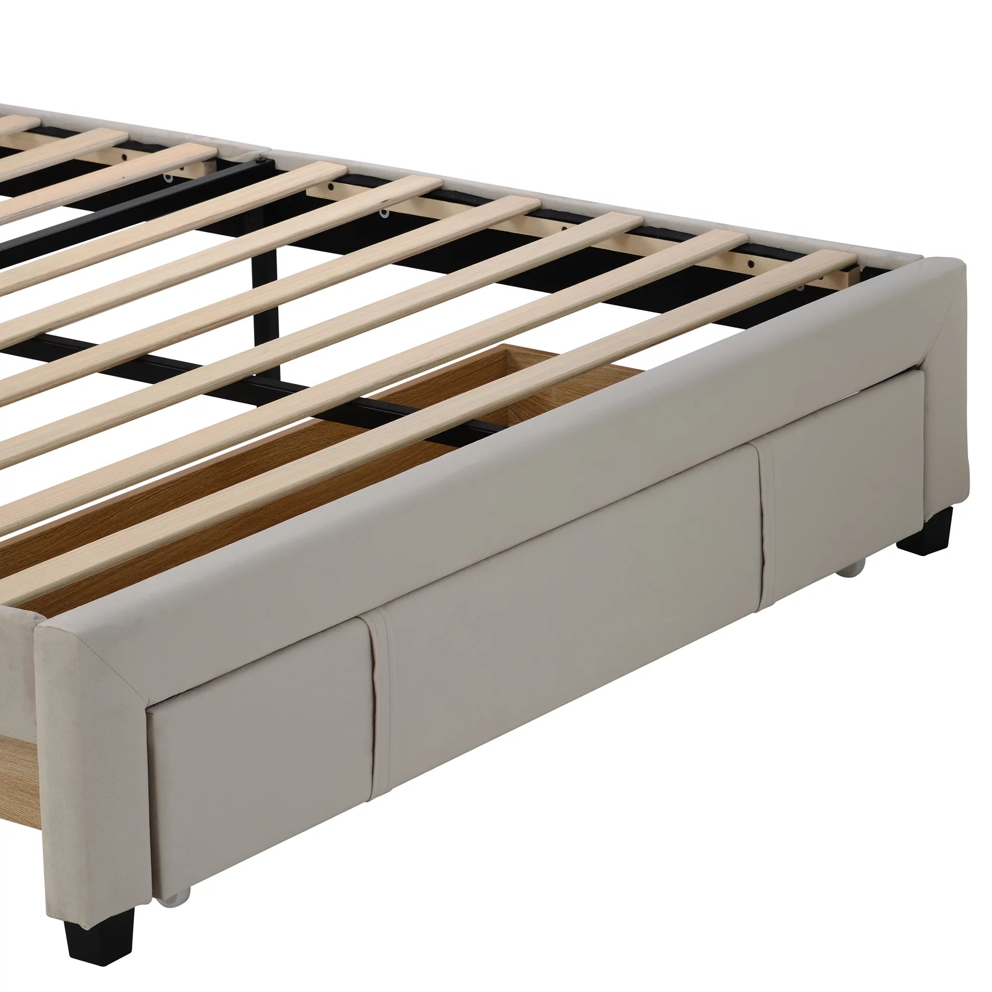 Beige Queen Size Velvet Upholstered Platform Bed with Drawer N4226