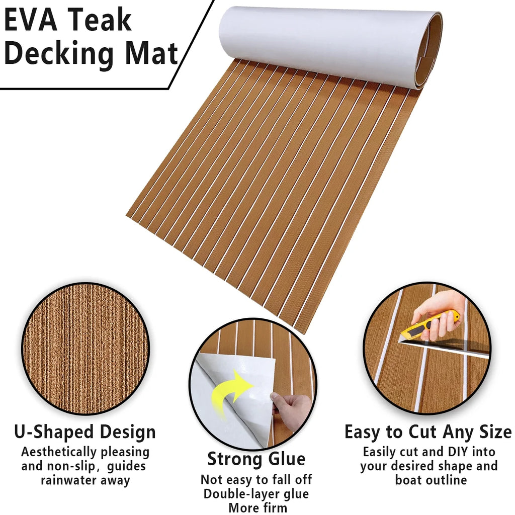 94"× 35" EVA Foam Faux Teak Decking Sheet Self-Adhesive Non-Skid Marine Flooring P2471