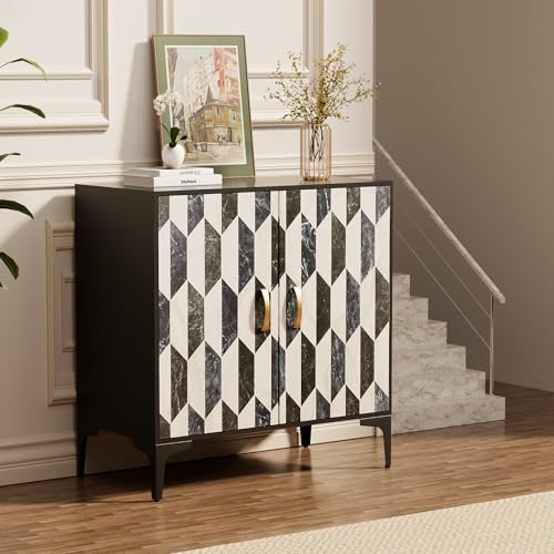Black 2 Packs Sideboard with 4 Faux Marble Doors and Gold Handles, 27.6 X 15.75 X 31.5 Inches V781