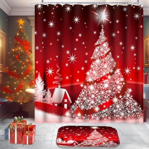 Christmas Bathroom Set with Shower Curtain, Rugs, 12 Hooks O724272