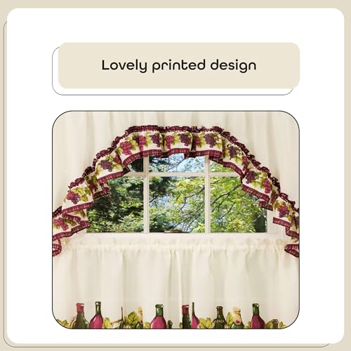 Light Filtering Printed Tier & Swag Window Curtain Set, 57 Inch Length, 24 Inch Width, Chardonnay, Machine Washable V65876