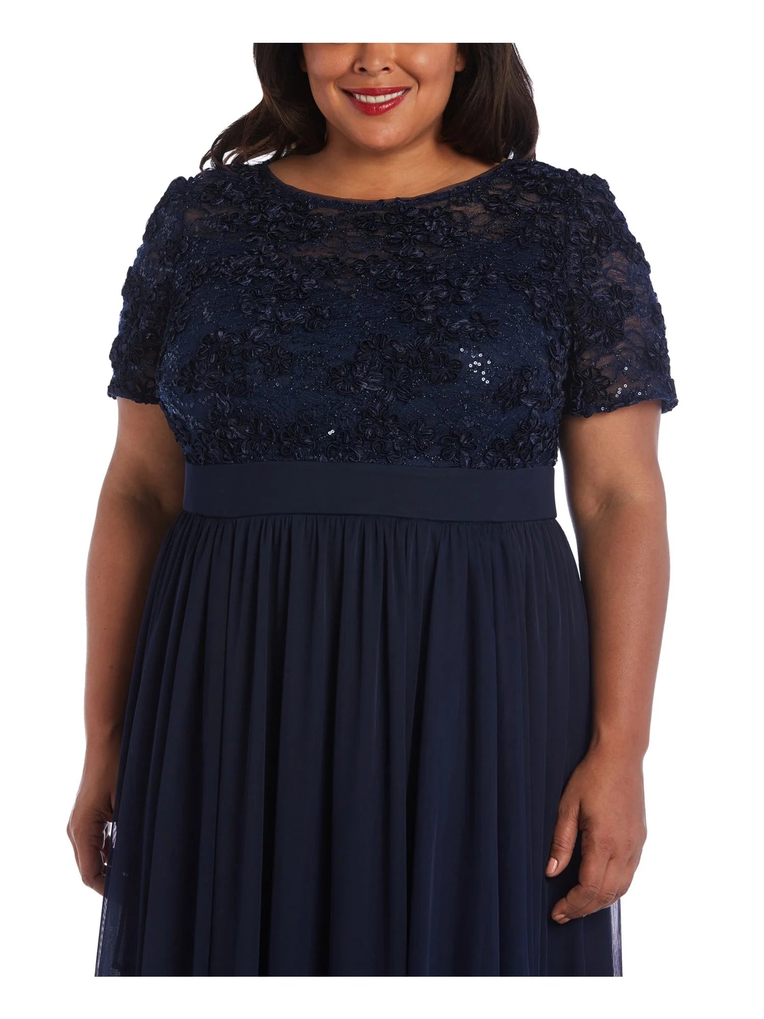 Navy Sequined Lace Short Sleeve Full-Length Evening Layered Dress Plus 20W F5686