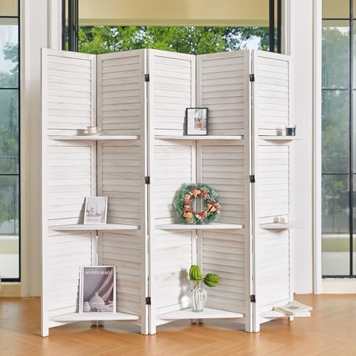 6 Panels Brown Folding Wood Room Divider with Shelves R7795