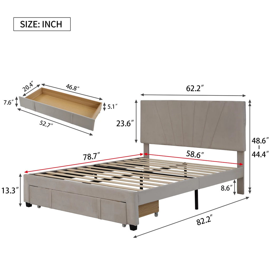 Beige Queen Size Velvet Upholstered Platform Bed with Drawer N4226