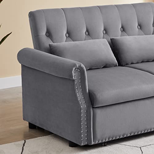 Gray Velvet Button Tufted Futon Sofabed F38630