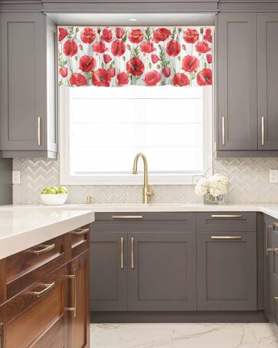 Watercolor Red Poppy Flower White Short Kitchen Curtains 54x18IN K9782