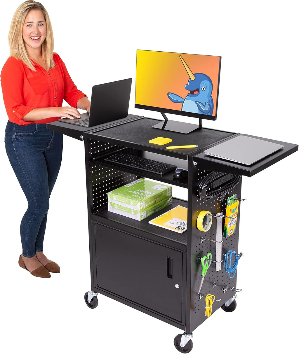 AV Cart with Pegboard Siding, 12 Hooks, Locking Cabinet, Pullout Keyboard Tray, Locking Wheels C50118