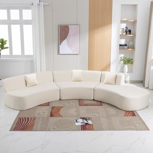 Beige Chenille Curved Sofa Sectional with Three Throw Pillows K671