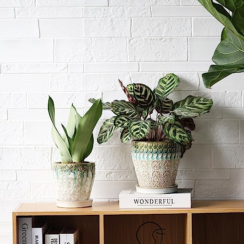 6 Inch Ceramic Planter with Drainage Hole and Saucer, Set of 2 T7052