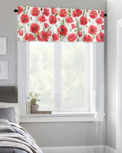 Watercolor Red Poppy Flower White Short Kitchen Curtains 54x18IN K9782