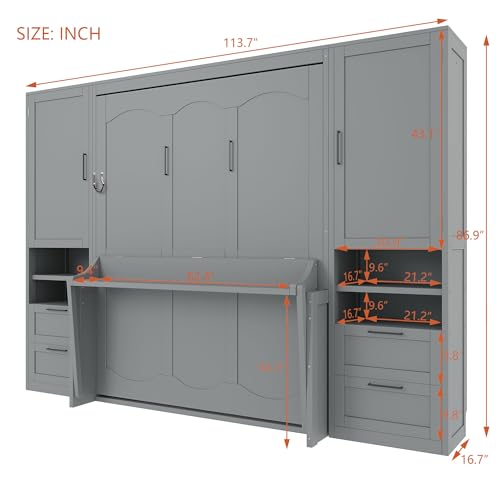 Gray Queen Size Murphy Bed with 5 Drawers and Storage Shelves Y4657