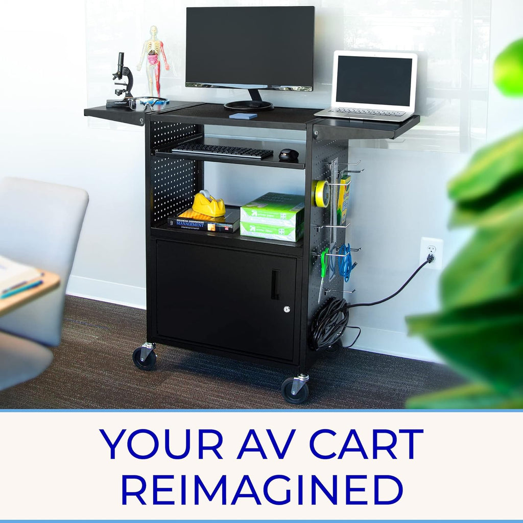 AV Cart with Pegboard Siding, 12 Hooks, Locking Cabinet, Pullout Keyboard Tray, Locking Wheels C50118