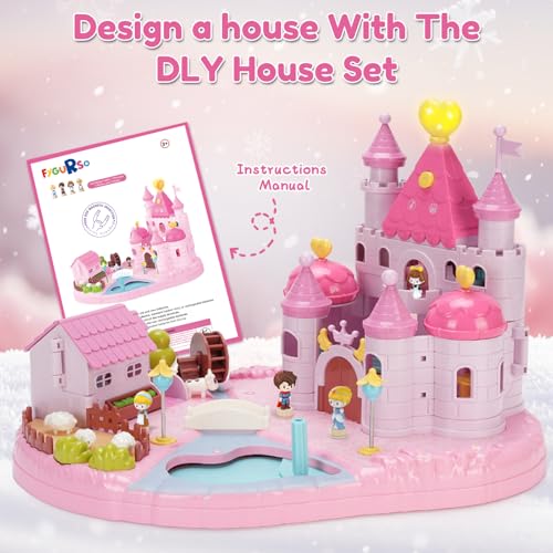 Castle Playset with 4 Magnetic Control Movable Toys, Magnetic Doll House Building Toys with Light & Music（Pink） I5163