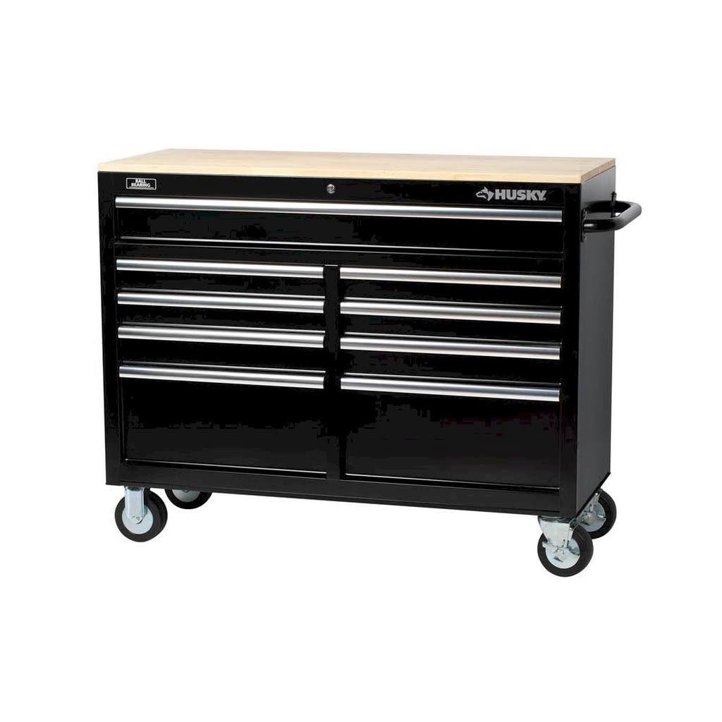 46 in. 9-Drawer Mobile Workbench with Solid Wood Top, Black I1948