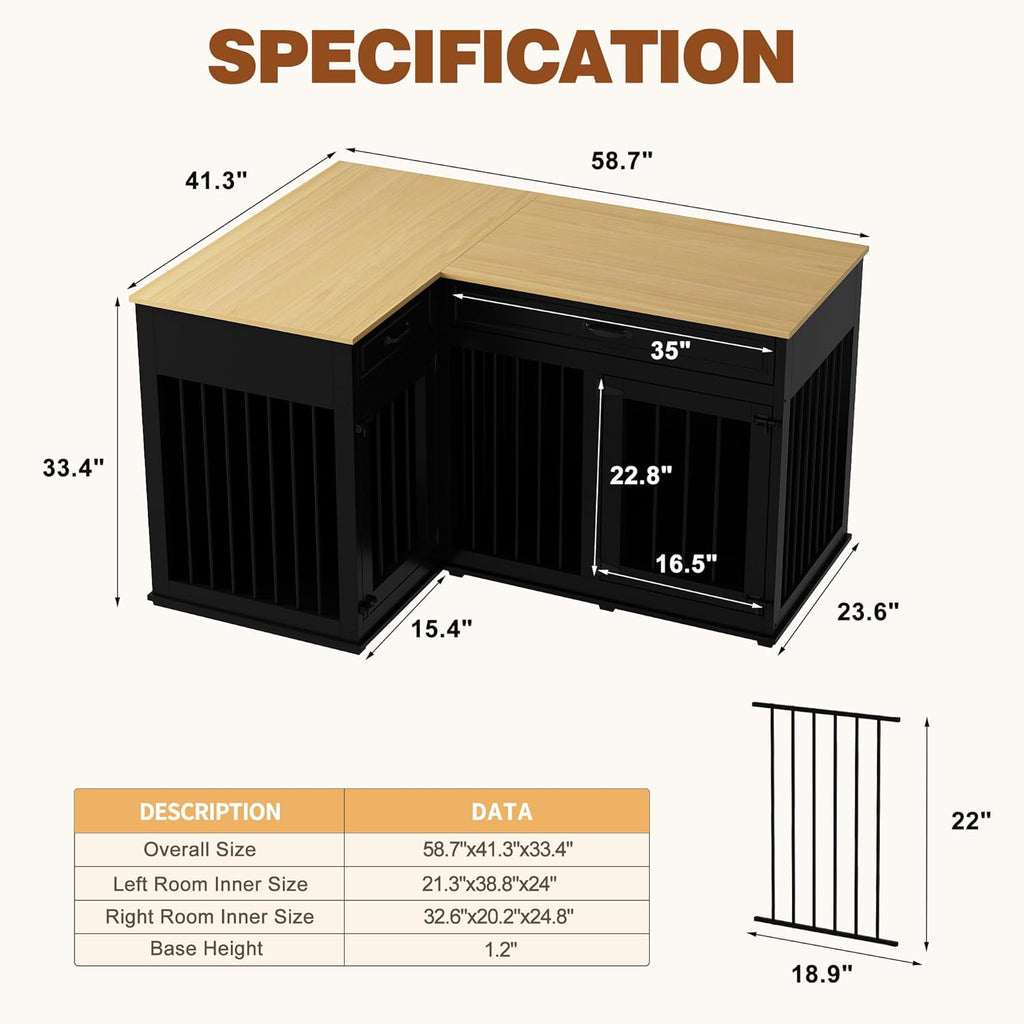 Large Corner Wooden Dog Crate with Double Rooms and Drawers, Black X303075