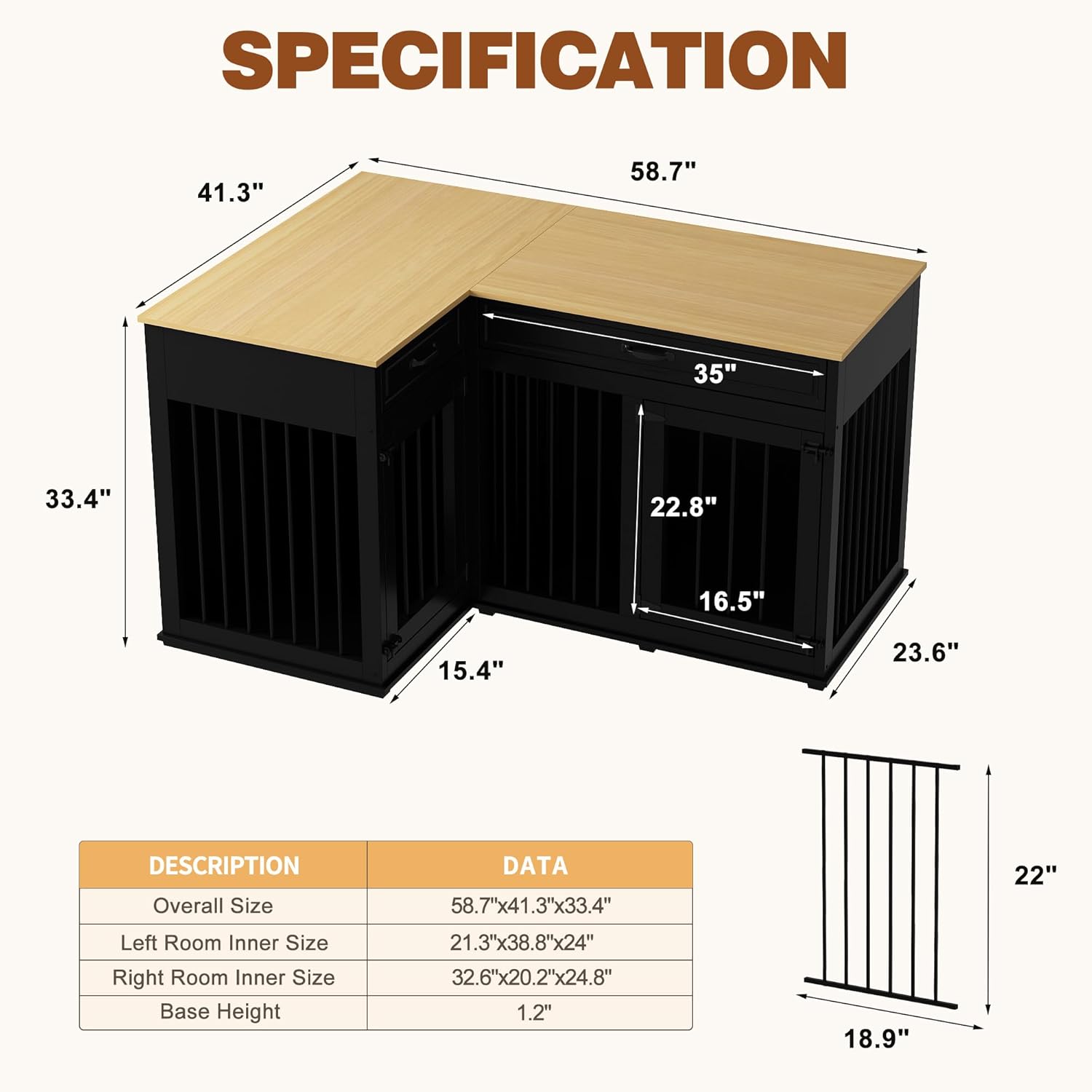 Large Corner Wooden Dog Crate with Double Rooms and Drawers, Black X303075