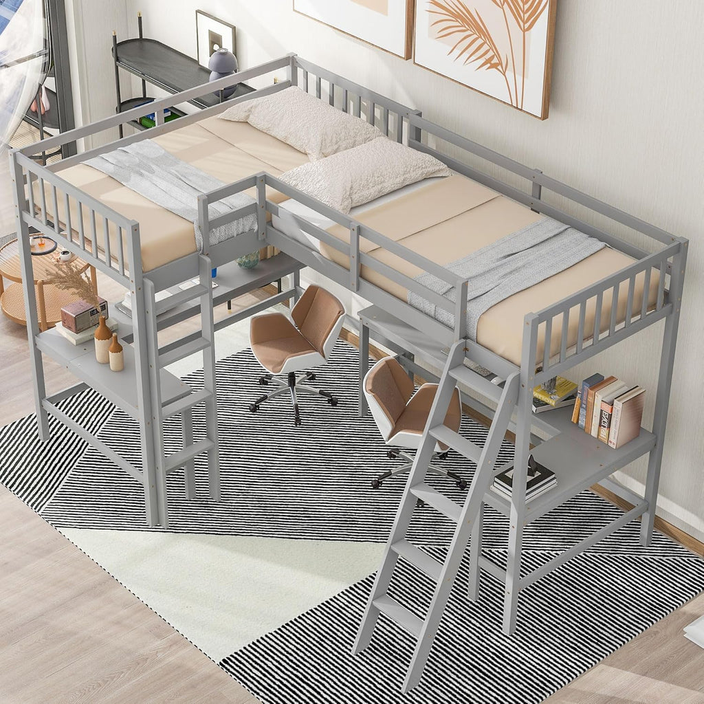 Gray Twin Size L-Shaped Loft Bed with Ladder and 2 Built-in Desks B656