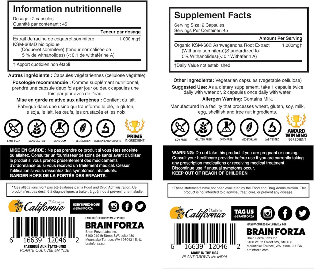 Organic Ashwagandha Root Extract, 1,000mg, 90 Capsules T4822
