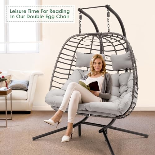 Double Egg Swing Chair with Stand, Hand Made Rattan Wicker, Metal Frame S854