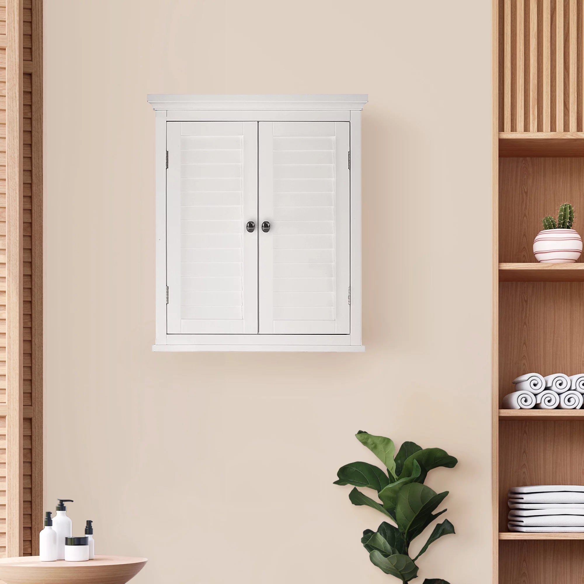 White Wooden Wall Cabinet with Shutter Doors M578