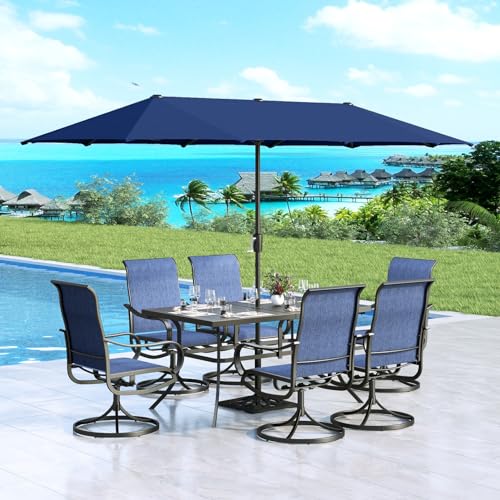 8 Piece Patio Dining Set with 6 Grey Sling Swivel Chairs, 1 Rectangular Metal Table and 1×13 FT Beige Outdoor Umbrella X773