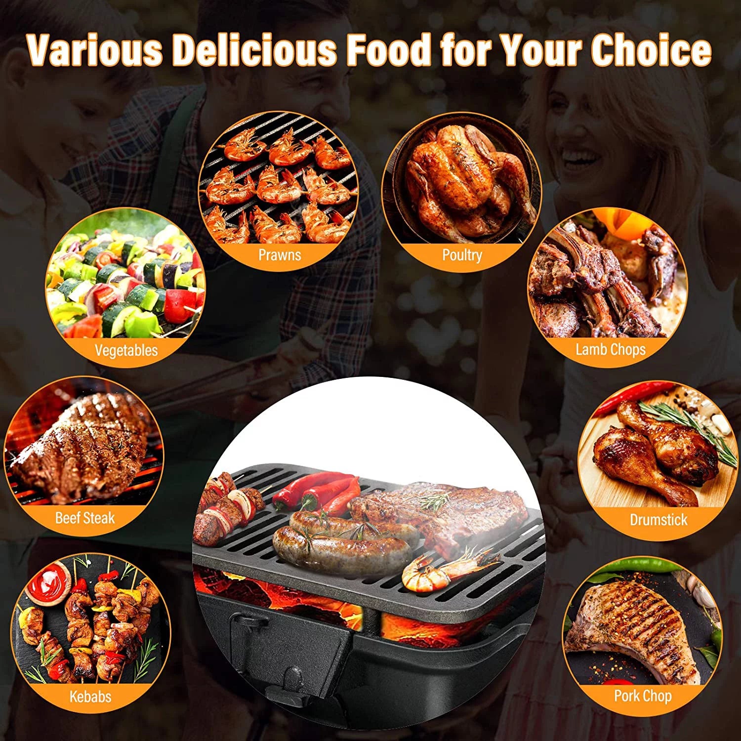 Portable Cast Iron Charcoal Grill with Double-sided Grilling Net P168413