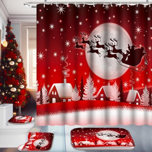 Christmas Bathroom Set with Shower Curtain, Rugs, 12 Hooks O724272
