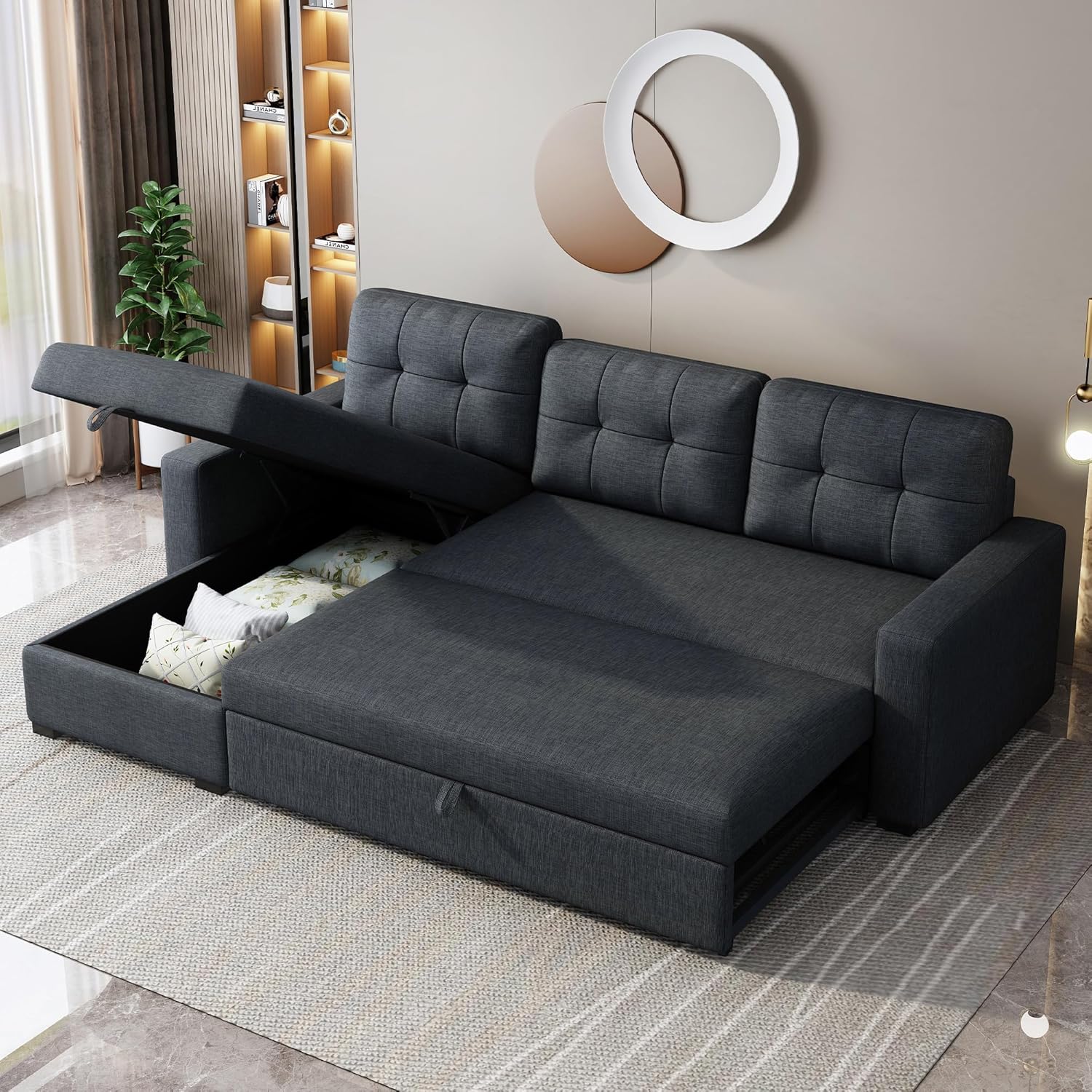 Dark Grey L Shaped Sleeper Sofa with Pull Out Bed and Storage M265
