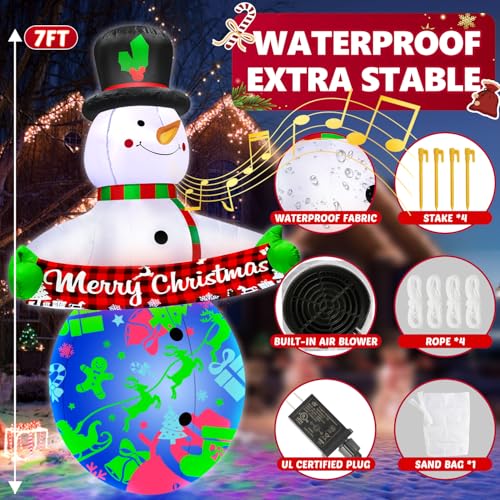 7FT Christmas Inflatables Snowman with Built-in Music & 360° Rotation Colorful Projector LED Light W59477