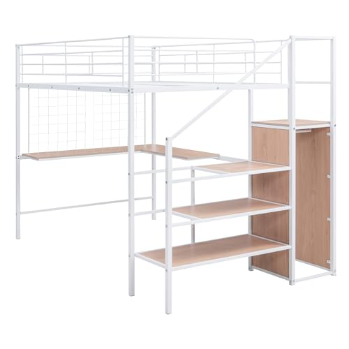 Black Full Size Loft Bed with Desk and Storage Stairs O918