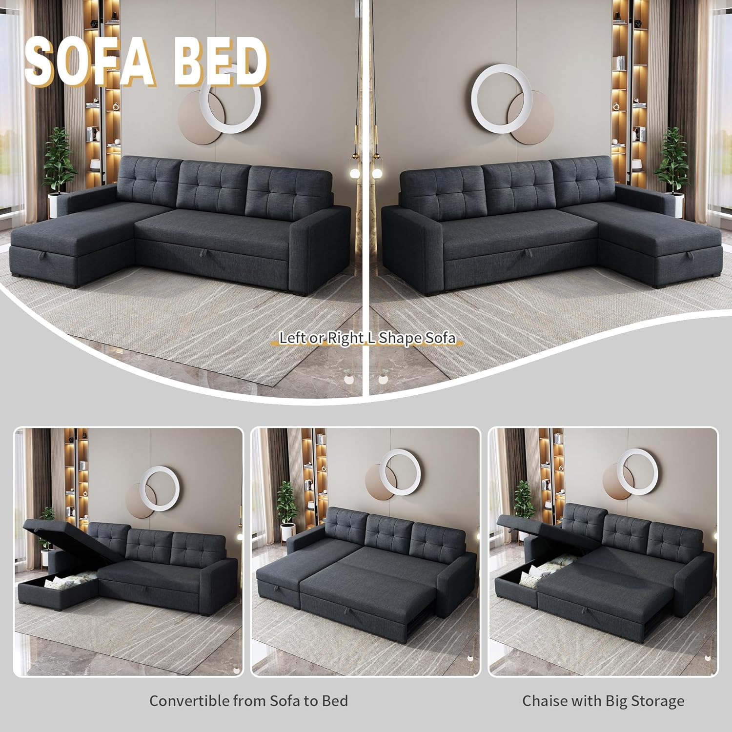 Dark Grey L Shaped Sleeper Sofa with Pull Out Bed and Storage M265