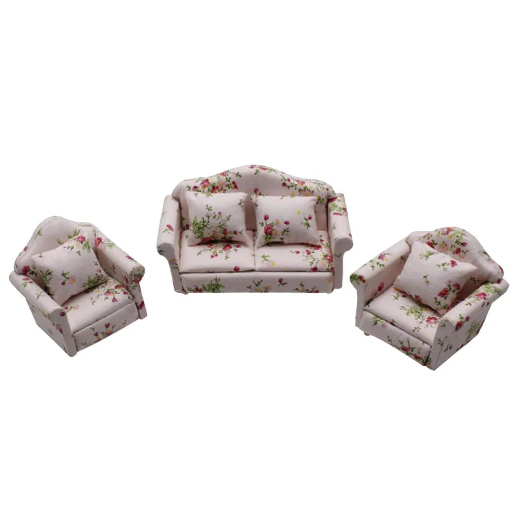 Mini Wood Sofa Couch Set Dollhouse Miniatures Furniture Floral Set H6504
