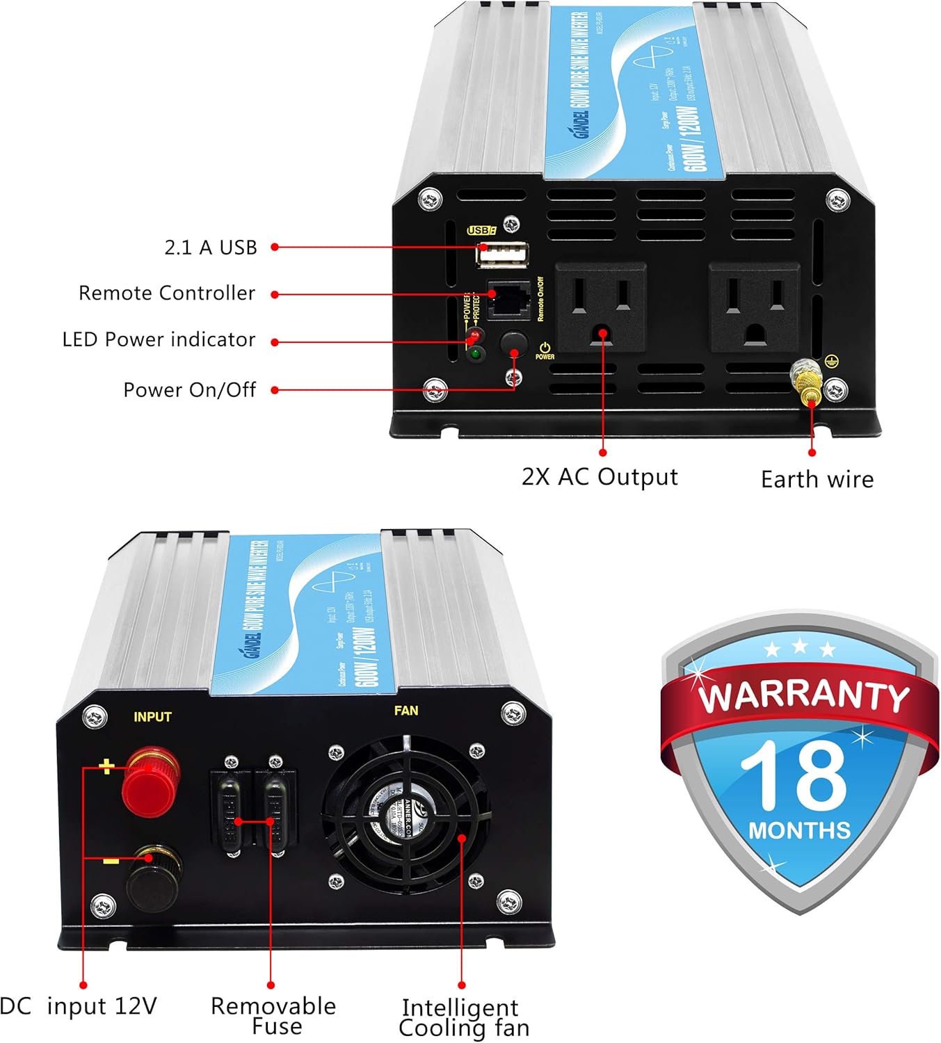 600W 12V DC to 110V 120V Pure Sine Wave Power Inverter with Remote Control Dual AC Outlets USB Port X3511