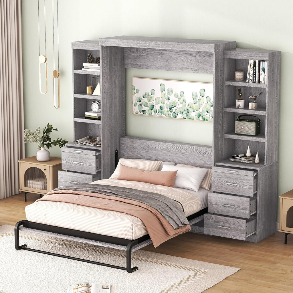 Gray Full Size Wood Murphy Bed with Storage Shelves and Drawers T84061