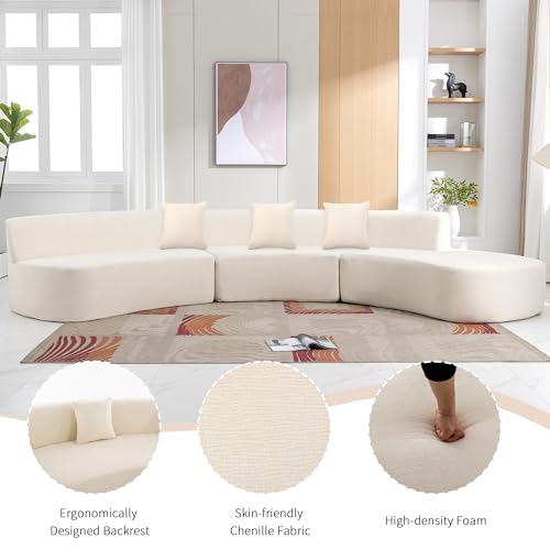 Beige Chenille Curved Sofa Sectional with Three Throw Pillows K671