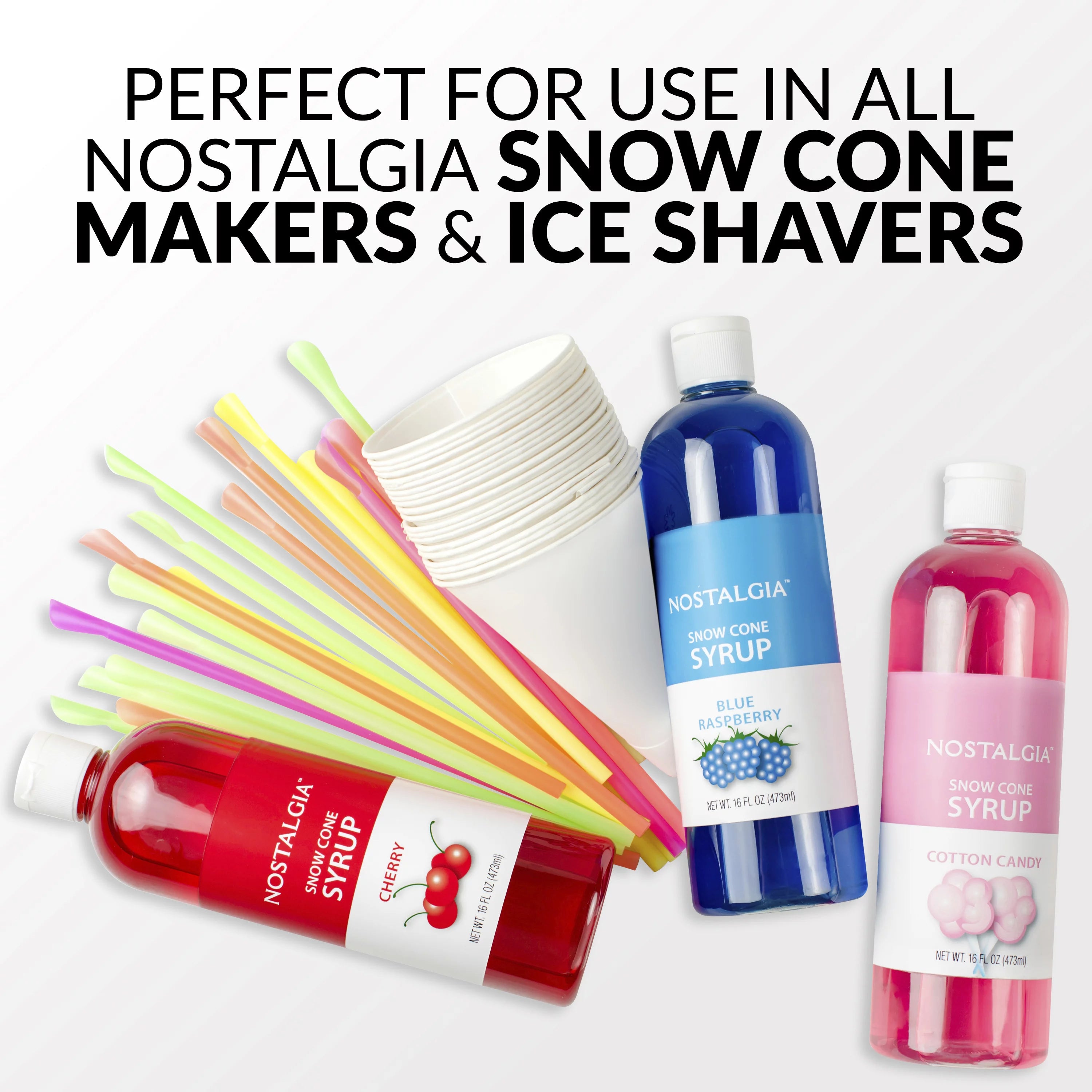 3 16-Ounce Snow Cone Syrups with 20 Spoon Straws Q99989