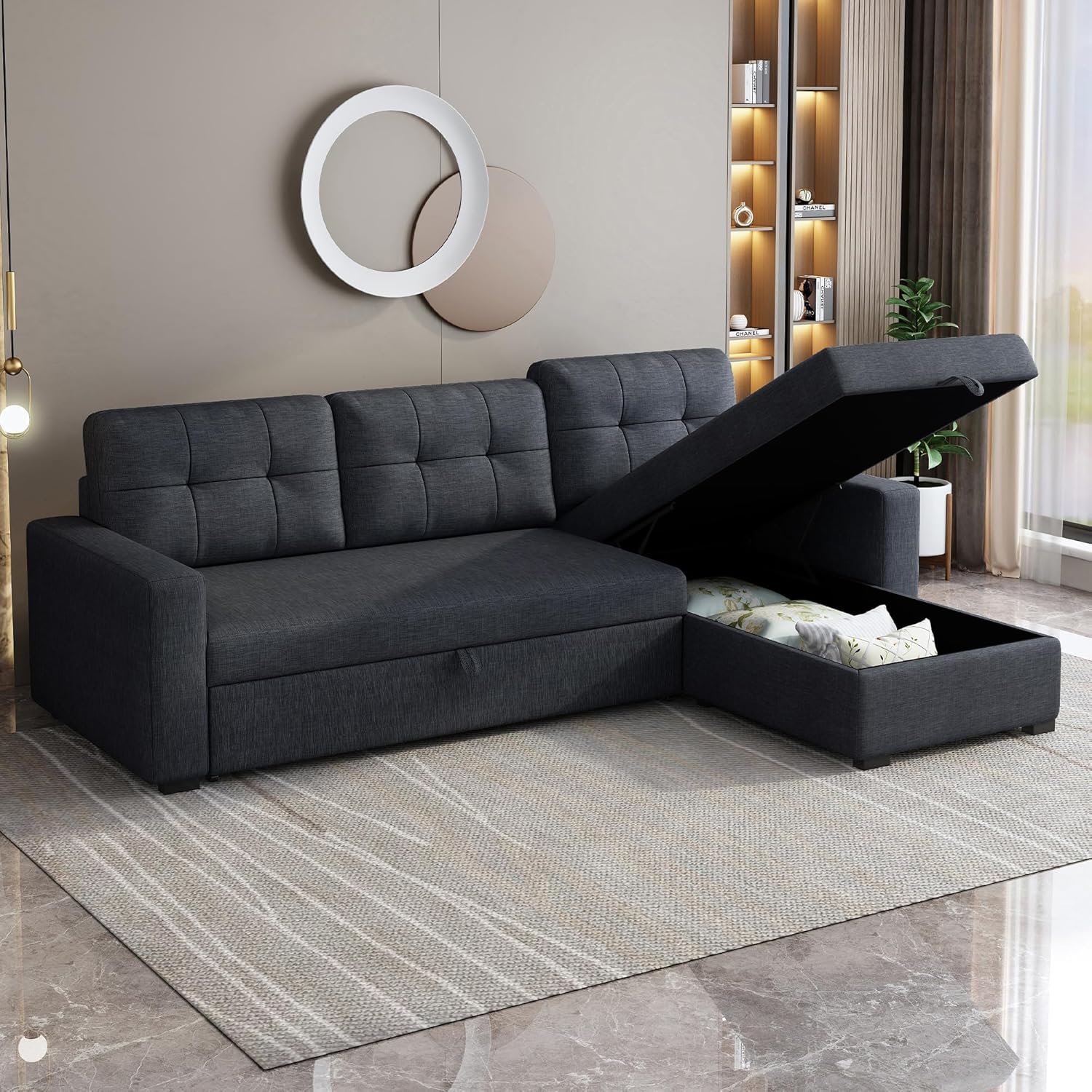 Dark Grey L Shaped Sleeper Sofa with Pull Out Bed and Storage M265