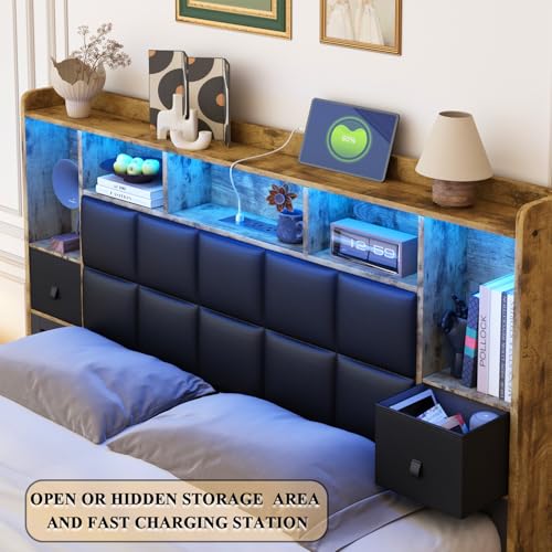 Full Size LED Upholstered Platform Bed Frame with Bookshelf Headboard and 2 Hidden Storage Drawers C231257