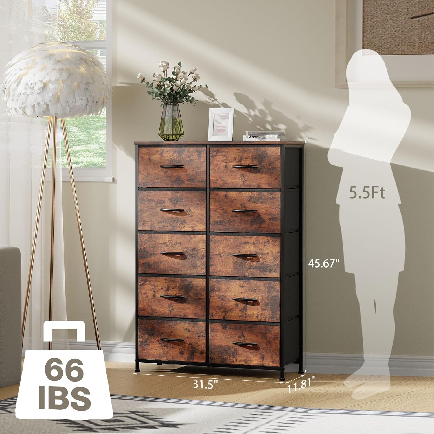 12 Drawers Fabric Dresser with Wood Top, Rustic Brown R27023