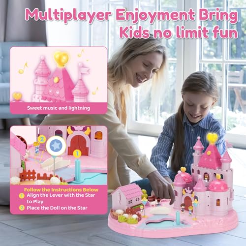 Castle Playset with 4 Magnetic Control Movable Toys, Magnetic Doll House Building Toys with Light & Music（Pink） I5163